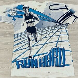 Vintage 1992 Running “Run Hard” AOP Shirt Fruit of the Loom White Size XL